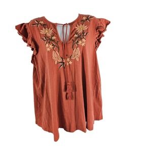 Keep In Touch Shirt Womens Medium Rust Orange Embroidered Floral Boho Tassel Top